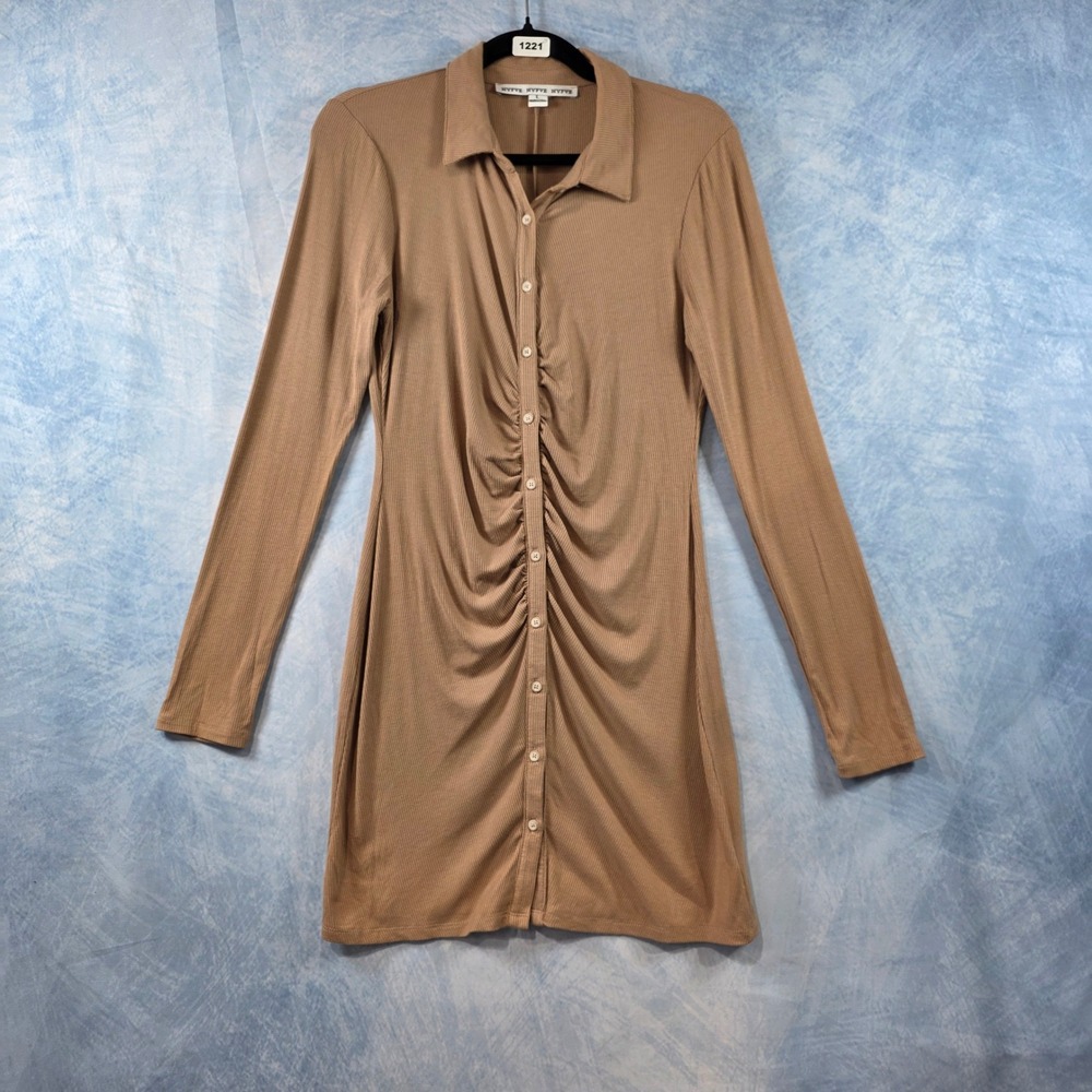 Hyfve Womens Ribbed Knit Ruched Button Down Mini Dress Tan‎ Brown Long Sleeve L